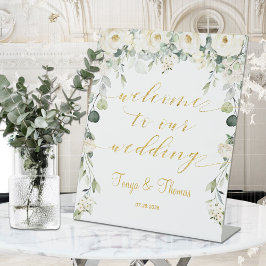 White Peony Gold Calligraphy Welcome to Wedding Reclamebord Met Voetstuk