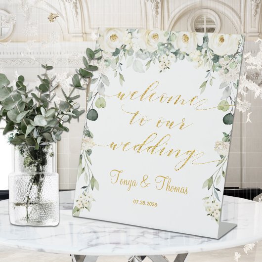 White Peony Gold Calligraphy Welcome to Wedding Reclamebord Met Voetstuk