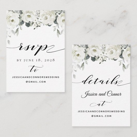 White Peony Greenery Online RSVP Details Kaart Visitekaartje (Voorkant / Achterkant)