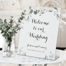 White Peony Greenery Wedding Custom Welcome Sign Reclamebord Met Voetstuk