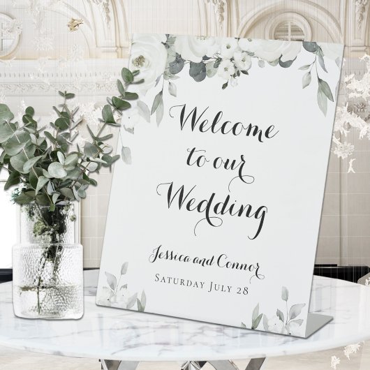 White Peony Greenery Wedding Custom Welcome Sign Reclamebord Met Voetstuk