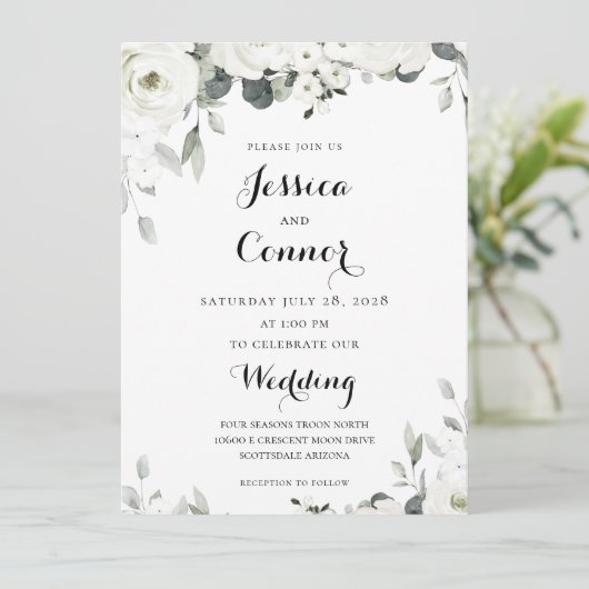 White Peony Greenery Wedding Invitation Kaart (Staand voorkant)
