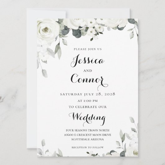 White Peony Greenery Wedding Invitation Kaart (Voorkant)