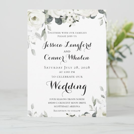 White Peony Greenery Wedding Invitation Kaart (Staand voorkant)