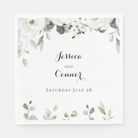 White Peony Greenery Wedding Napkins Servet (Voorkant)