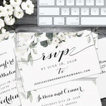 White Peony Greenery Wedding RSVP Online Kaart