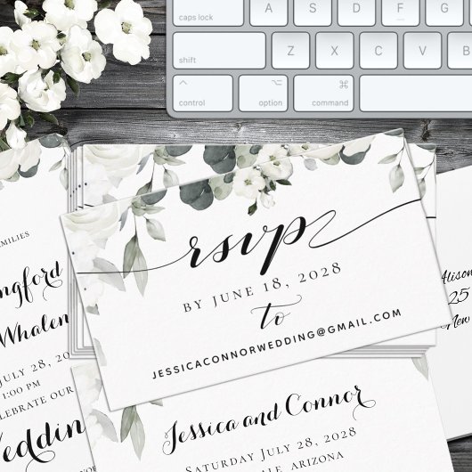 White Peony Greenery Wedding RSVP Online Kaart Visitekaartje