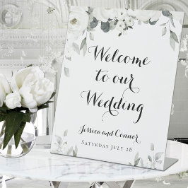 White Peony Greenery Welkom op ons huwelijk Reclamebord Met Voetstuk