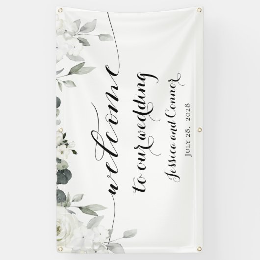 White Peony Greenery Welkom op ons huwelijk Spandoek (Verticaal)