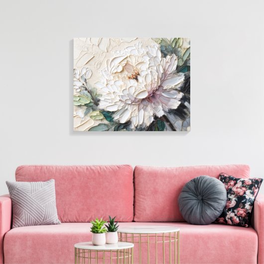 White Peony Impasto Art Canvas Afdruk (Insitu (Woonkamer))