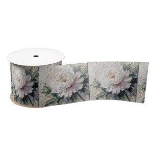 White Peony Impasto Art Satijnen Lint