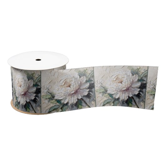 White Peony Impasto Art Satijnen Lint (Spoel)