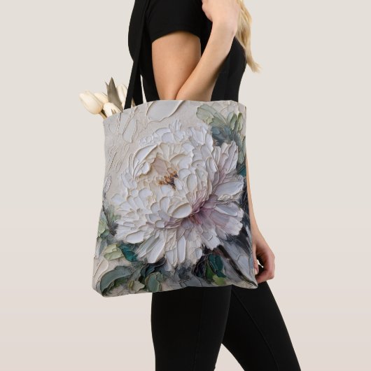 White Peony Impasto Art Tote Bag (Dichtbij)
