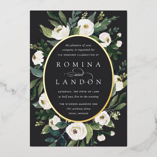 White Peony | Ovaal Lijst Floral Wedding Folie Uitnodiging (Voorkant)