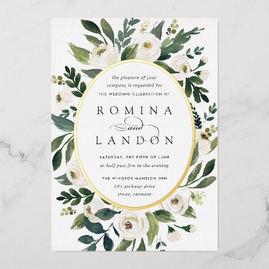 White Peony | Ovaal Lijst Floral Wedding Folie Uitnodiging (Voorkant)