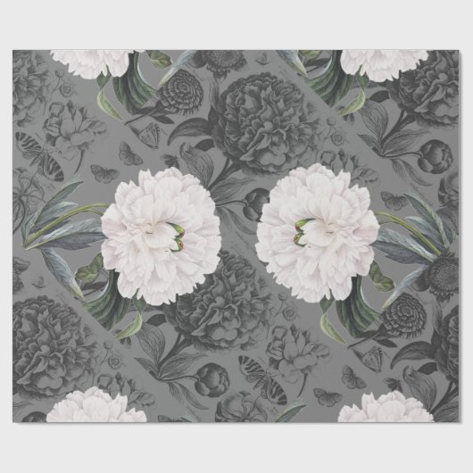 White Peony Romantic Gray Cadeaupapier (Vlak)