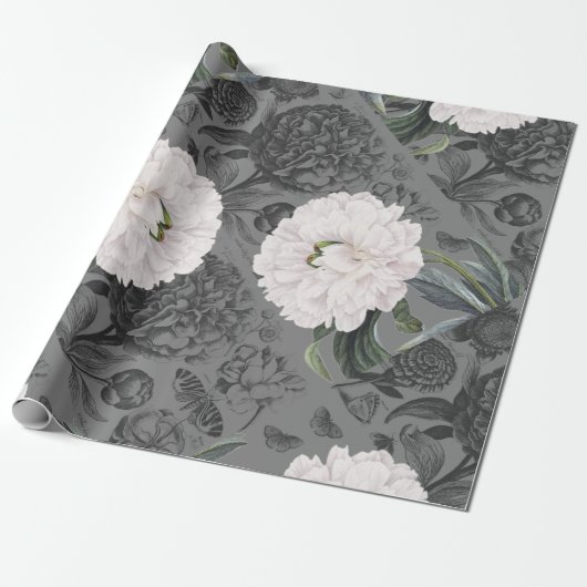 White Peony Romantic Gray Cadeaupapier (Uitgerold)