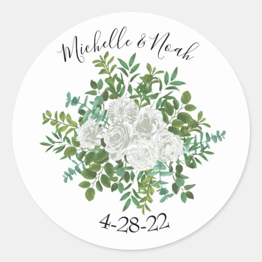 White Peony & Roos Floral Wedding Ronde Sticker (Voorkant)