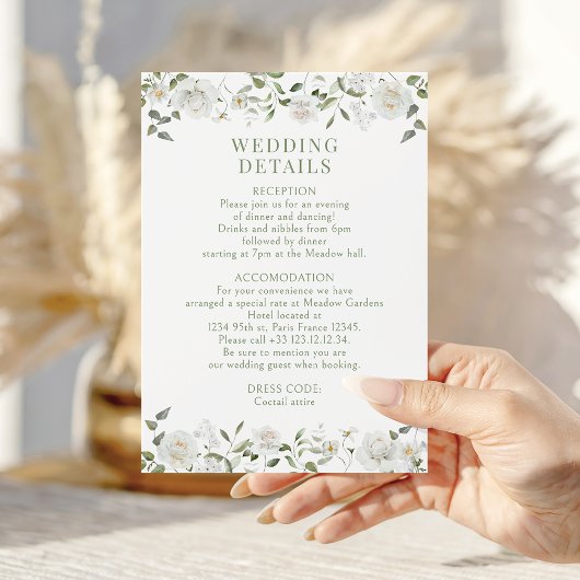 White Peony Rose Eucalyptus Wedding Details Cards Informatiekaartje