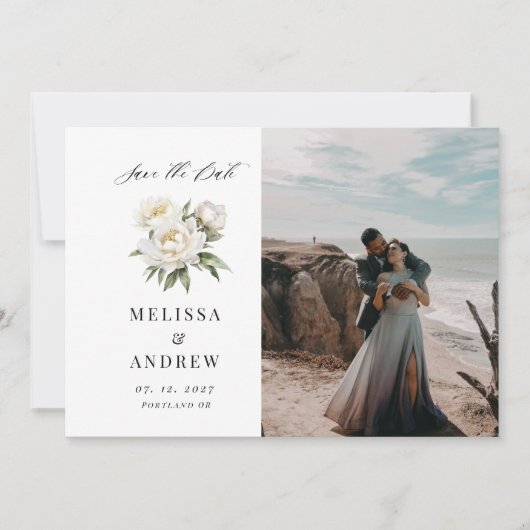 White Peony Save the Date Kaart (Voorkant)