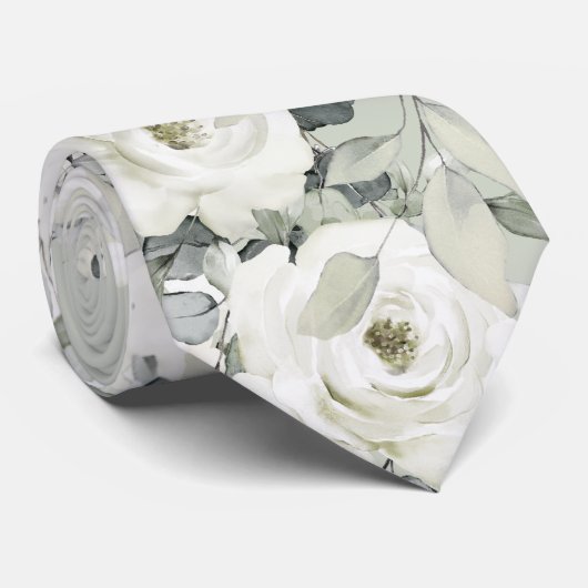 White Peony Silver Eucalyptus Wedding Sage Green Stropdas (Opgerold)