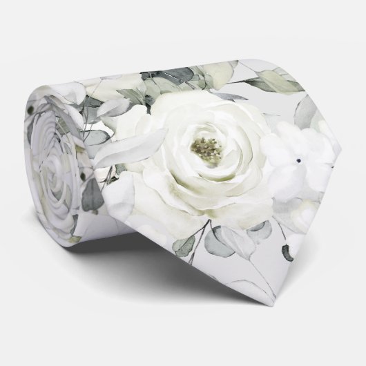 White Peony Silver Eucalyptus Wedding Stropdas (Opgerold)