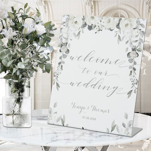 White Peony Silver Eucalyptus Welcome Weddenschap Reclamebord Met Voetstuk