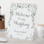 White Peony Silver Greenery 2 Welcome to Wedding Reclamebord Met Voetstuk (Insitu)