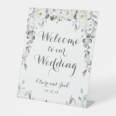 White Peony Silver Greenery 2 Welcome to Wedding Reclamebord Met Voetstuk (Voorkant)