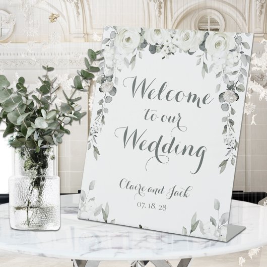White Peony Silver Greenery 2 Welcome to Wedding Reclamebord Met Voetstuk