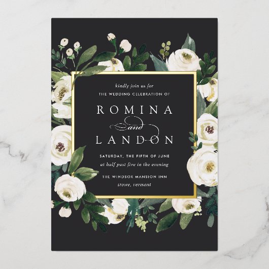 White Peony | Vierkant Lijst bruiloft Folie Uitnodiging (Voorkant)