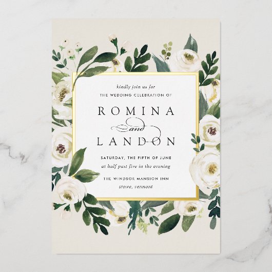 White Peony | Vierkant Lijst bruiloft Folie Uitnodiging (Voorkant)