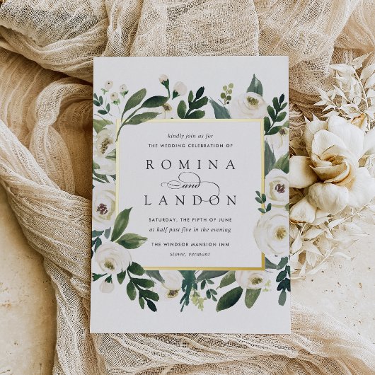 White Peony | Vierkant Lijst bruiloft Folie Uitnodiging