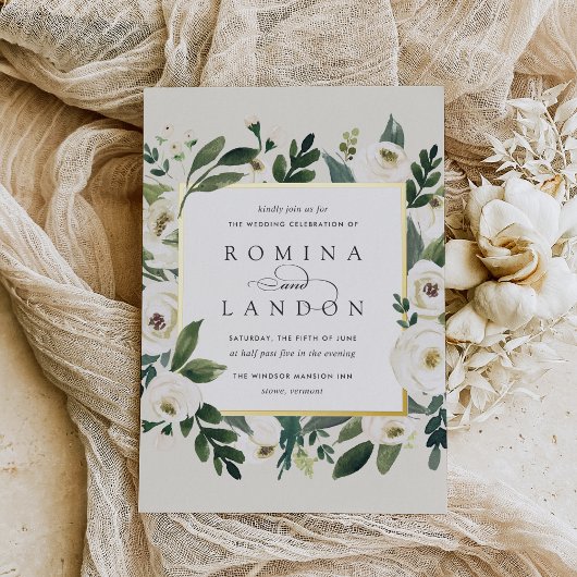 White Peony | Vierkant Lijst bruiloft Folie Uitnodiging