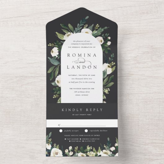 White Peony | Waterverf Floral Arch Wedding All In One Uitnodiging (Binnen)