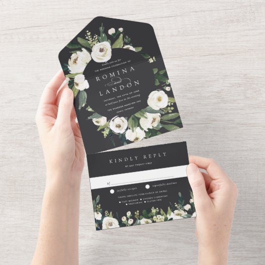 White Peony | Waterverf Floral Lijst Wedding All In One Uitnodiging (Afscheurbaar)