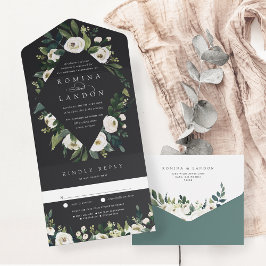 White Peony | Waterverf Floral Lijst Wedding All In One Uitnodiging