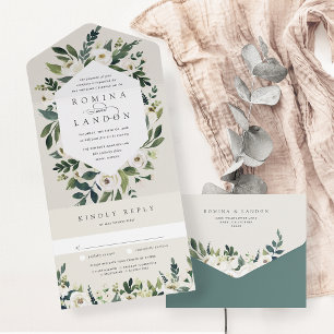 White Peony   Waterverf Floral Lijst Wedding All In One Uitnodiging
