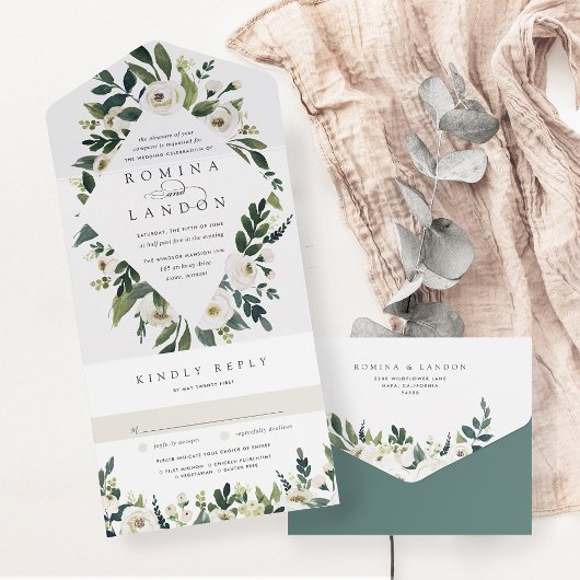 White Peony | Waterverf Floral Lijst Wedding All In One Uitnodiging