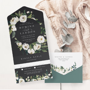 White Peony   Waterverf Floral Lijst Wedding All In One Uitnodiging