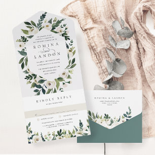 White Peony   Waterverf Floral Lijst Wedding All In One Uitnodiging