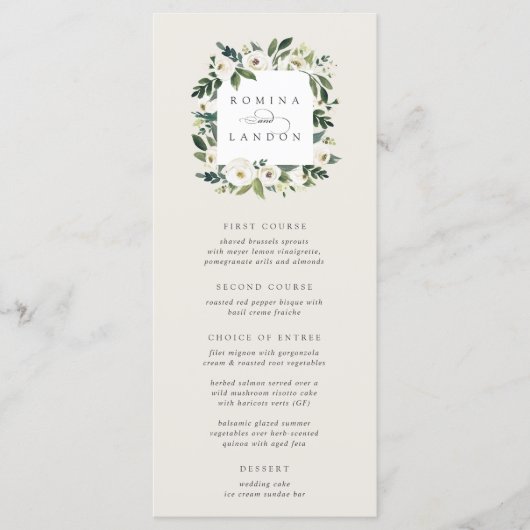 White Peony | Waterverf Floral Lijst Wedding Menu (Voorkant)