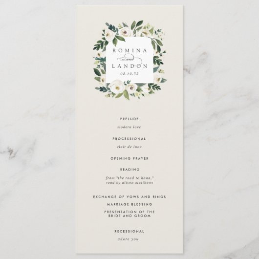 White Peony | Waterverf Floral Lijst Wedding Programmakaart (Voorkant)