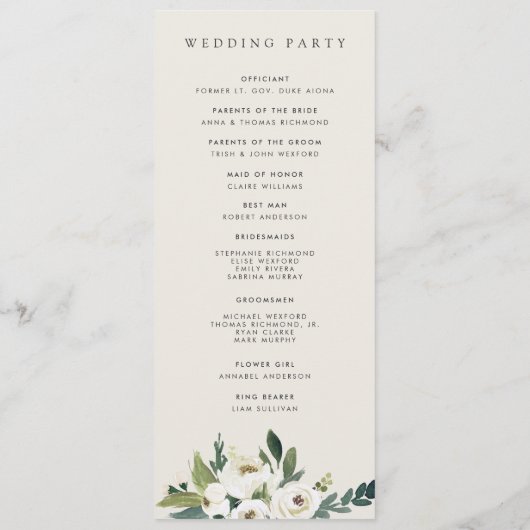 White Peony | Waterverf Floral Lijst Wedding Programmakaart (Achterkant)