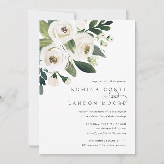 White Peony | Waterverf Floral Wedding Kaart (Voorkant)