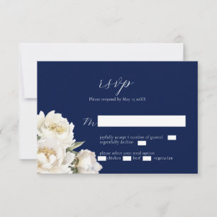 White Peony Wedding Blue RSVP Card Kaartje