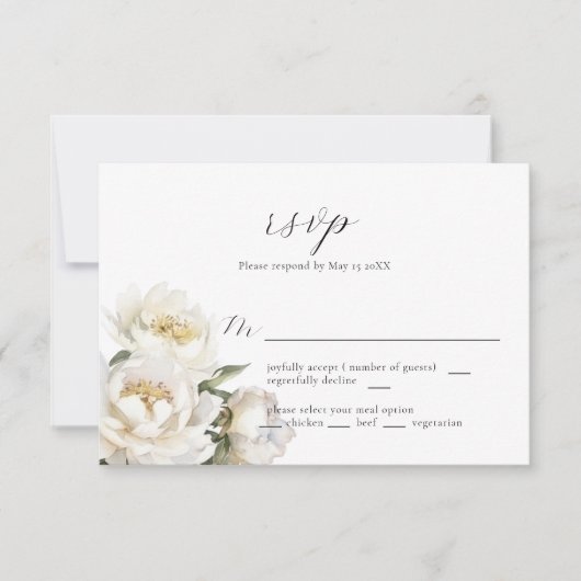 White Peony Wedding RSVP Kaart (Voorkant)