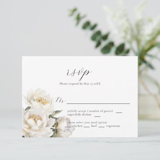 White Peony Wedding RSVP Kaart (Staand voorkant)