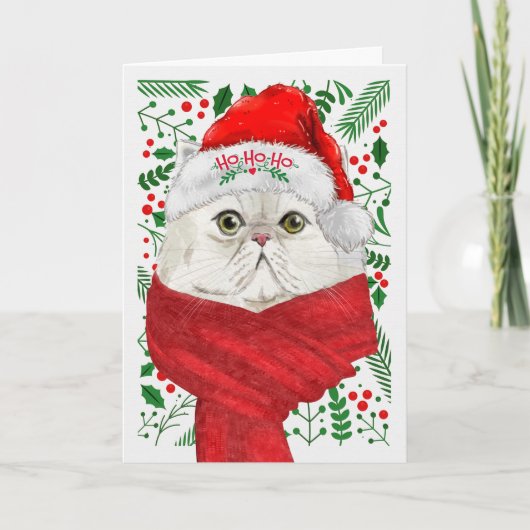 White Perisan Cat Santa Hat Meowy Kerstmis Feestdagen Kaart (Voorkant)