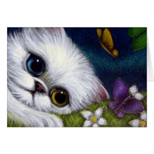 WHITE PERSIAN CAT ODD EYE & BUTTERFLIES-kaart